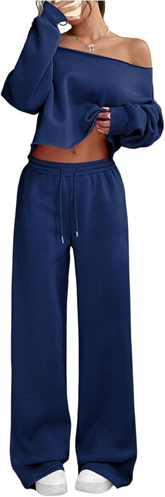 SOLY HUX Women's 2 Piece Outfits Fall Sweatsuits Off The Shoulder Crop Top Wide Leg Sweatpants Ca... | Amazon (US)