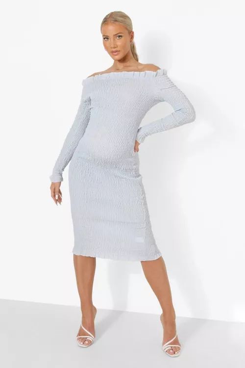 Maternity Off The Shoulder Shirred Midi Dress | Boohoo.com (US & CA)