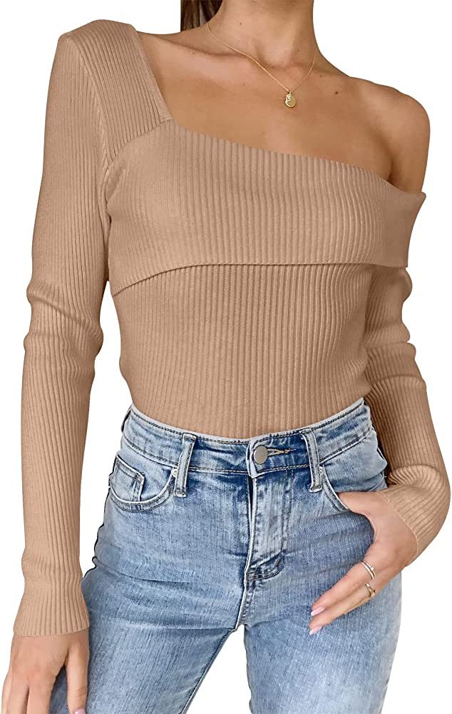 ANRABESS Women's Long Sleeve Off Shoulder Crop Top Ribbed Knit Slim Fit Casual Solid Pullover Swe... | Amazon (US)