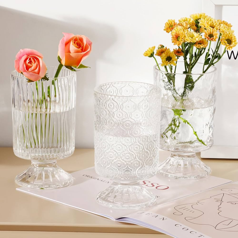 Fixwal Clear Vases for Flowers Set of 3 Glass Vase for Centerpieces, Embossed Base Vases for Wedd... | Amazon (US)