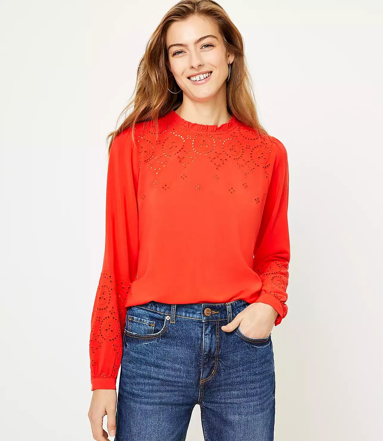 Embroidered Ruffle Neck Blouse | LOFT