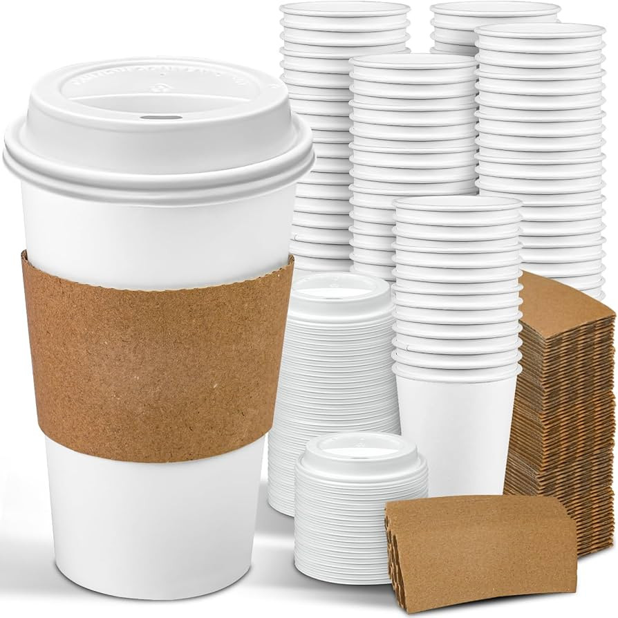Ginkgo 100 Pack 16 oz Disposable Coffee Cups with Lids and Sleeves Leak-Proof White Paper Cups, I... | Amazon (US)