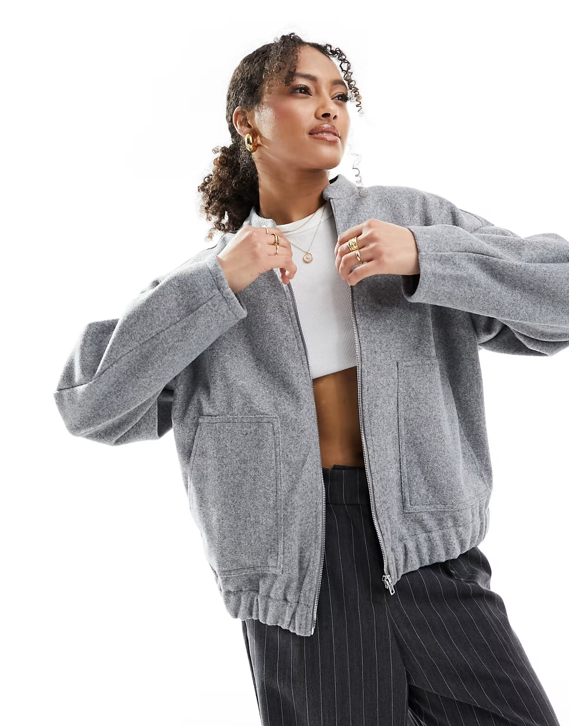Pieces oversized longline zip bomber jacket in gray | ASOS (Global)