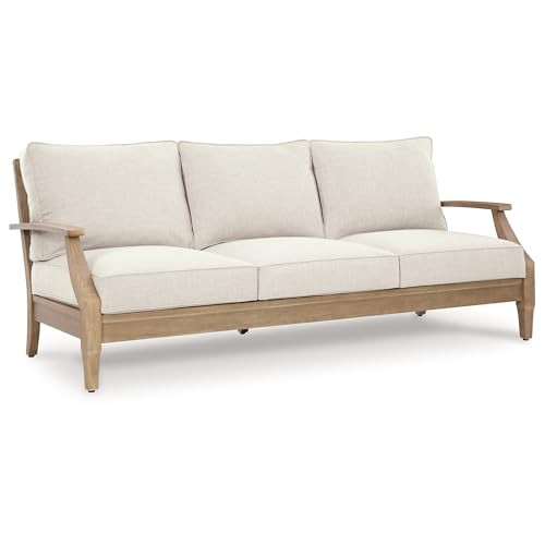 Signature Design by Ashley Carter Hall Outdoor Eucalyptus Wood Patio Sofa – Cushioned with UV-Resistant Nuvella Fabric, 5-Step Protective Finish, Beige | Amazon (US)