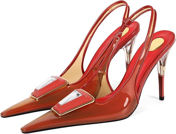 Women's Jelly Clear Pointed Toe Slingback Stiletto High Heel PVC Square Rhinestone Party Dress Pu... | Amazon (US)