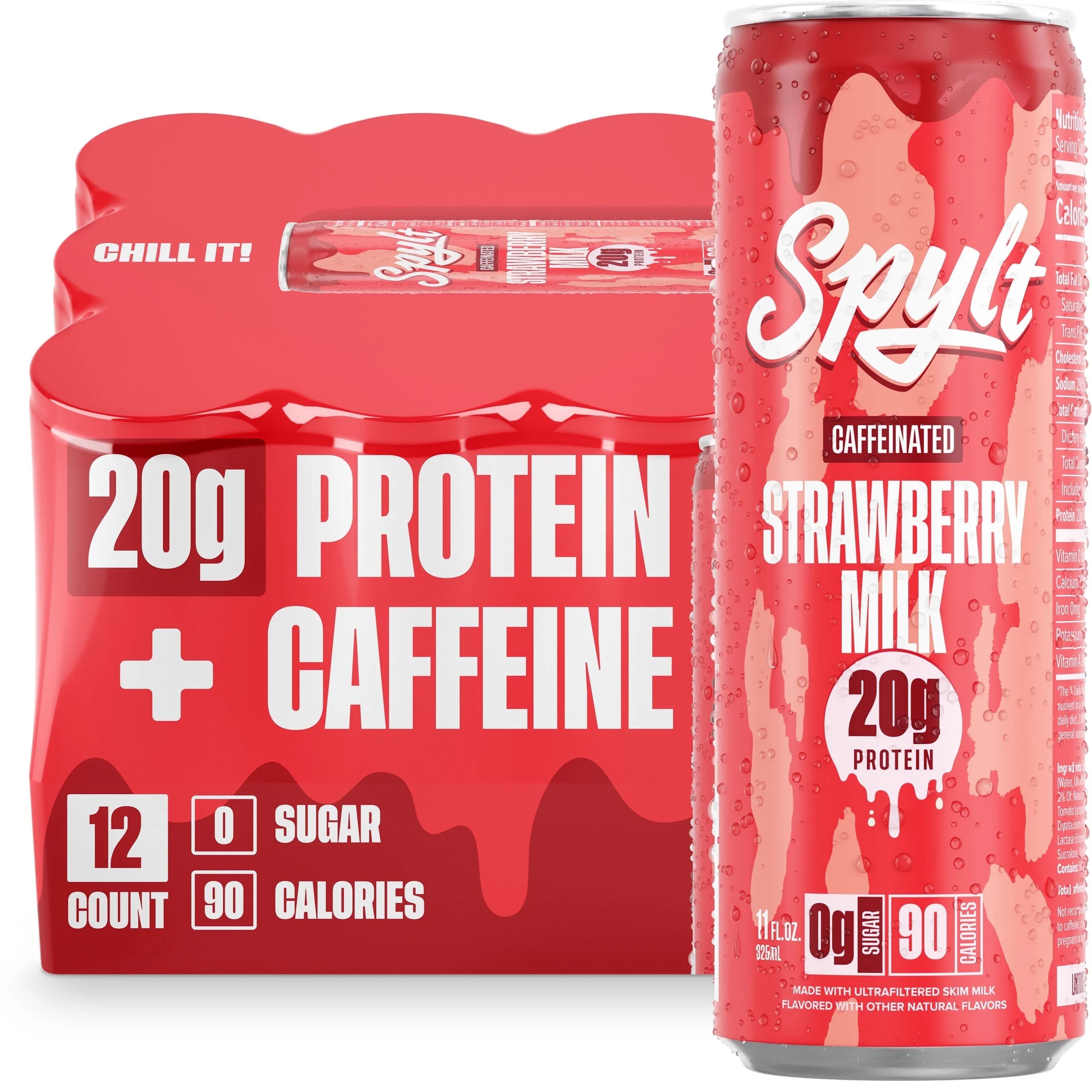SPYLT High Protein Milk, Strawberry, 20g Protein, 60mg Caffeine, Sugar Free, 11 fl oz, 12 Cans | Walmart (US)