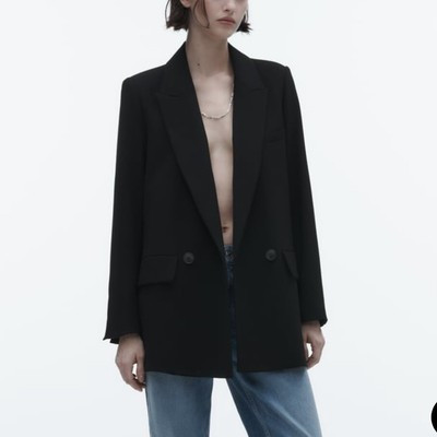 ZARA Oversized Flowy Blazer in Black Size XS Double Breasted Peak Lapel | eBay US