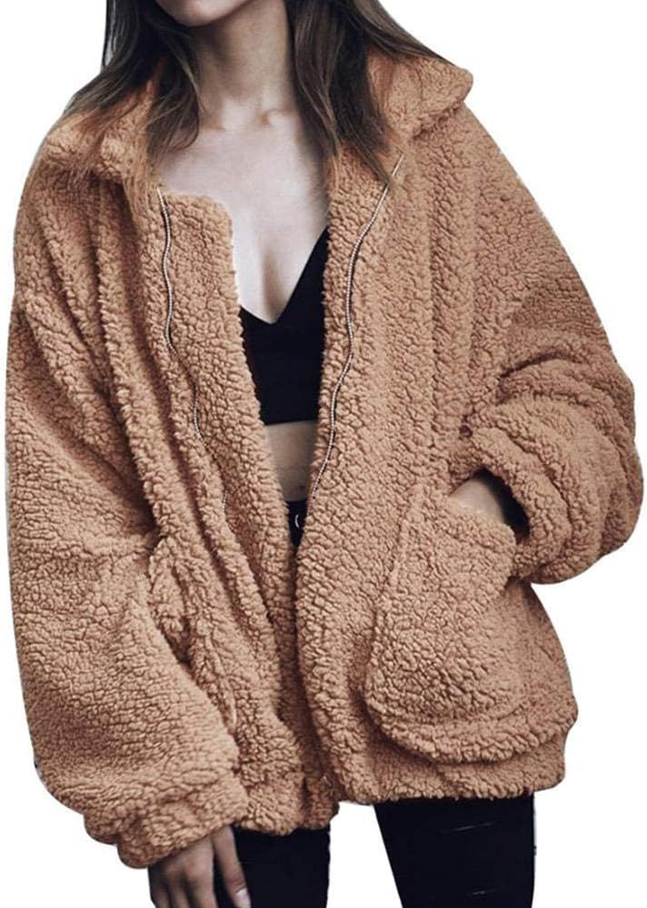 Sherpa Jacket Women Long Sleeve Zip up Shawl Collar Fuzzy Cardigan Fall Thermal Fleece Jacket Coat w | Amazon (US)