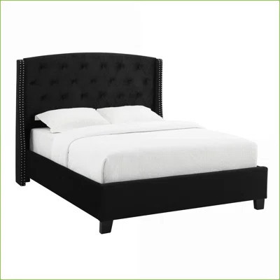 Queen Size Upholstered Fabric Bed Frame with Button Tufting Nailhead Trim Demi-Wings Black Wooden Bedroom Furniture | Wayfair North America