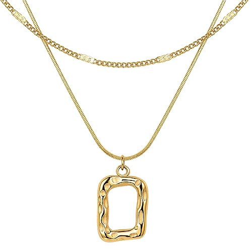 Evabelle Gold Layered Necklace for Women Trendy Jewelry 14K Real Gold Plated Chunky Chain Stackable Necklaces Dainty Choker Necklaces Rectangle Square Pendant | Amazon (US)