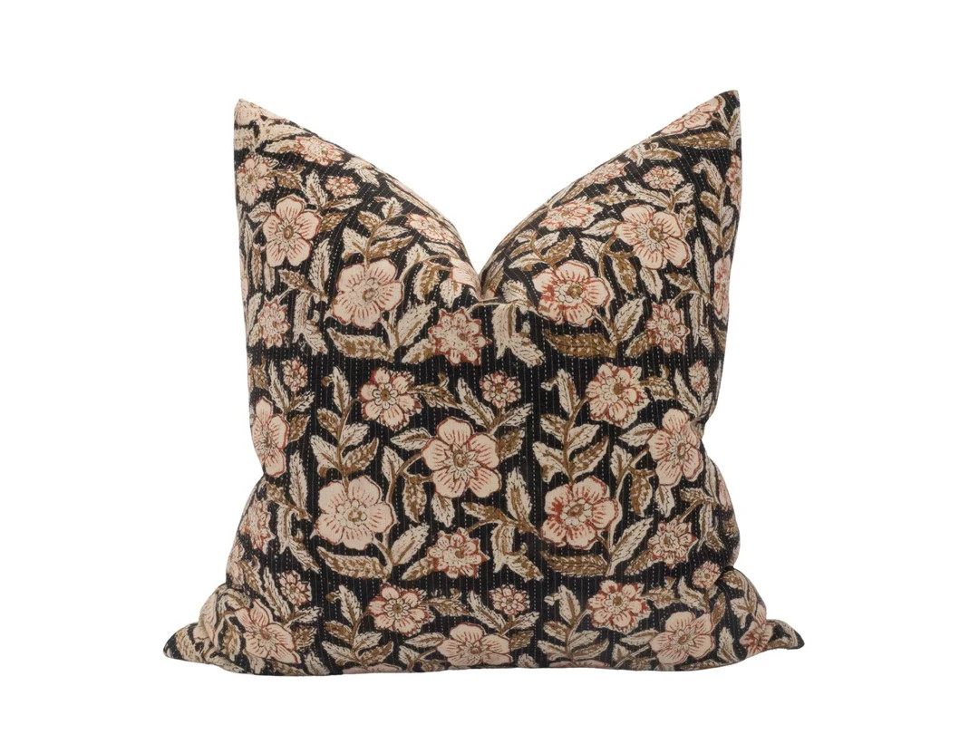 OLIVIA || Kantha-Stitch Floral Block Print Pillow Cover Floral Pillow Moody Floral Black Block Pr... | Etsy (CAD)