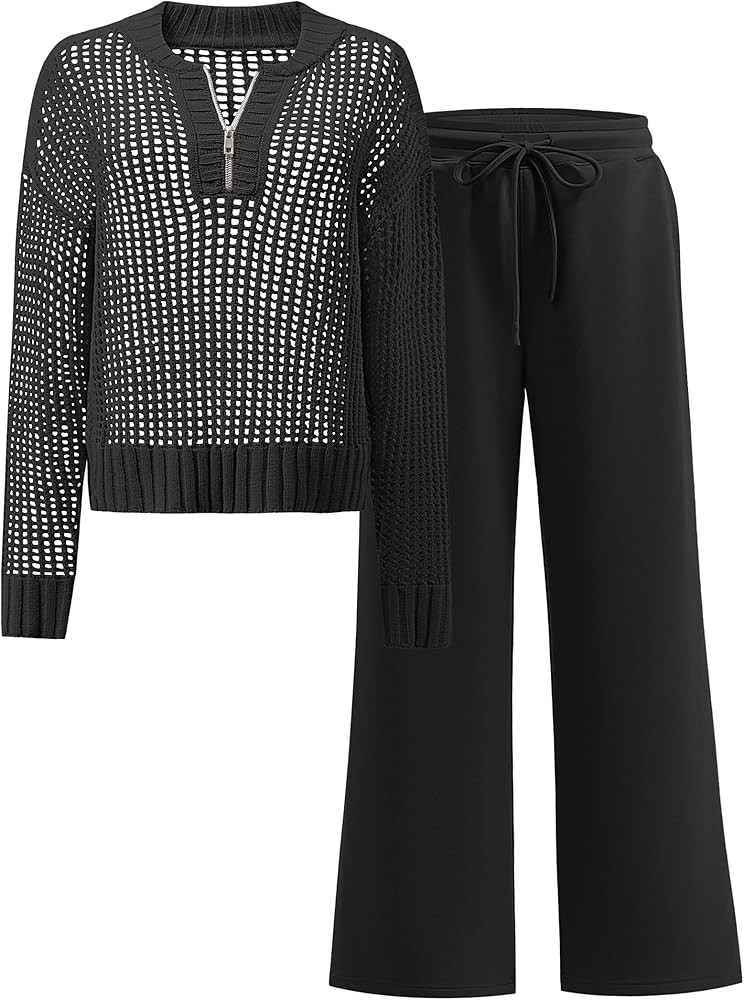 ANRABESS Womens 2 Piece Outfits 2025 Fall Crochet Knit Half Zip Sweater Top Wide Leg Pant Travel ... | Amazon (US)