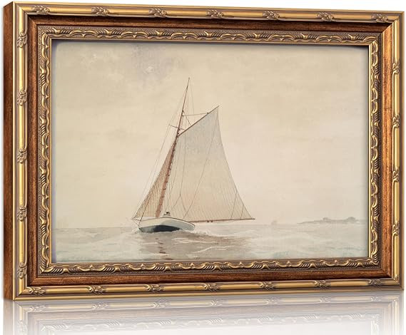 XINGORRIE Vintage Gold Frame Sailboat Canvas Wall Art -Nautical Watercolor Painting Prints Retro ... | Amazon (US)