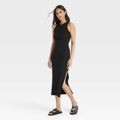 Women's Rib-Knit Maxi Bodycon Dress - Universal Thread™ Black S: Highneck, Side Slit, Heavyweig... | Target