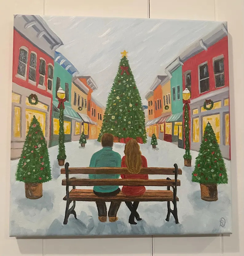 Christmas trees Hallmark Channel style Main Street couple in love original oil painting, 12 x 12 ... | Etsy (US)
