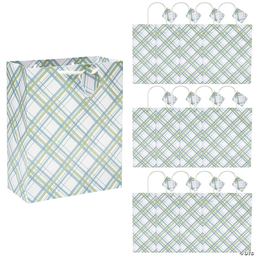 7 1/4" x 9" Medium Sage Green & Slate Blue Plaid Gift Bags - 12 Pc. | Oriental Trading Company