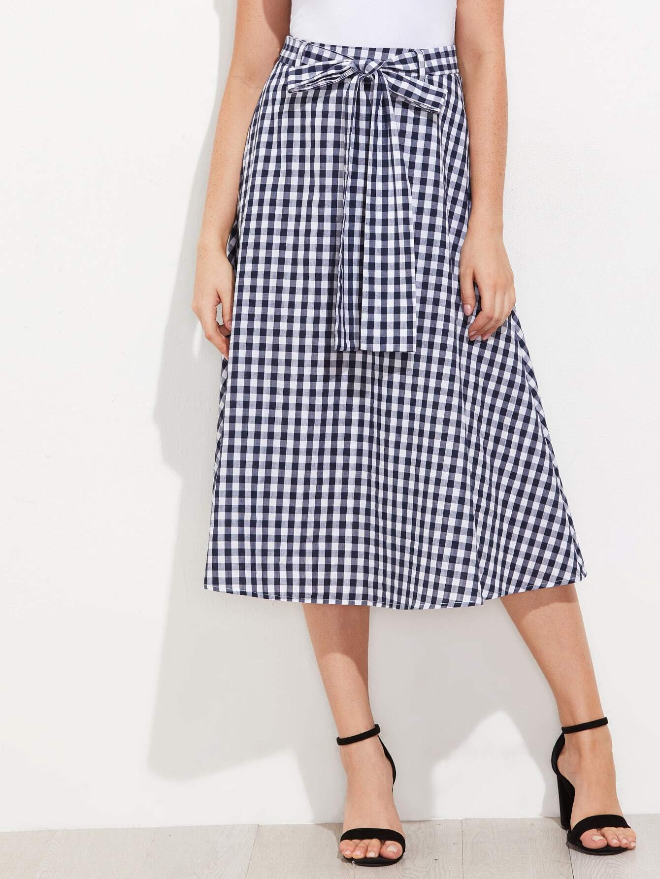 Tie Waist Hidden Pocket Gingham Skirt | SHEIN