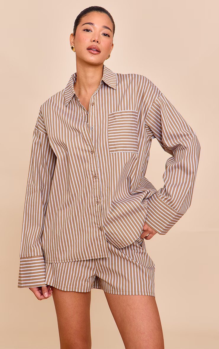 Olive Woven Pinstripe Balloon Sleeve Oversized Shirt | PrettyLittleThing US