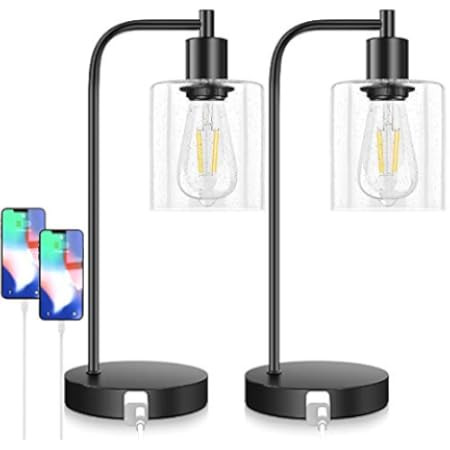 Set of 2 Industrial Touch Control Table Lamps with 2 USB Ports and AC Power Outlet, 3-Way Dimmabl... | Amazon (US)