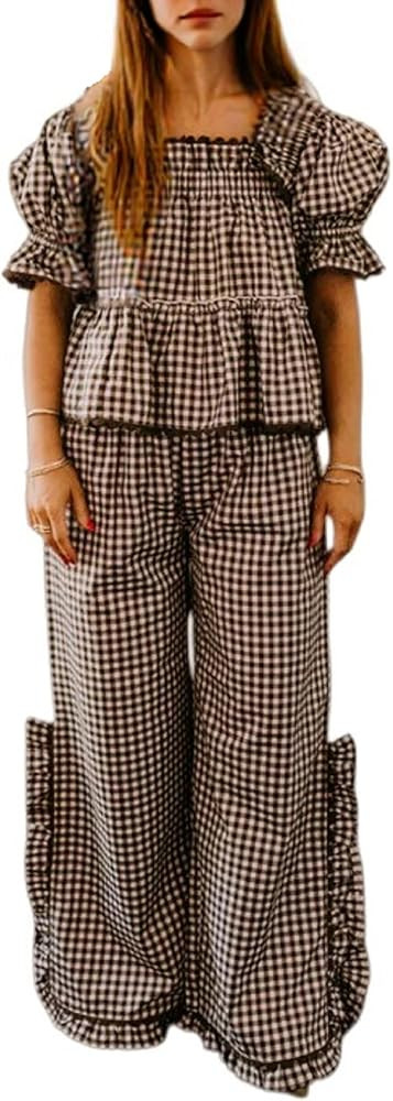Seyumixi Vintage Christmas Pajamas Women Ruffle Short Sleeve Babydoll Top and Pants 2 Piece Cute ... | Amazon (US)