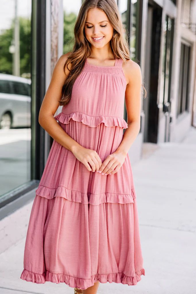 Celebrate Yourself Terracotta Pink Ruffled Midi Dress | The Mint Julep Boutique