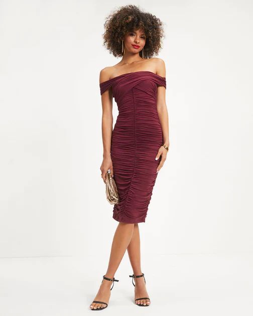 Wilhelmina Off The Shoulder Ruched Midi Dress - Wine | VICI Collection