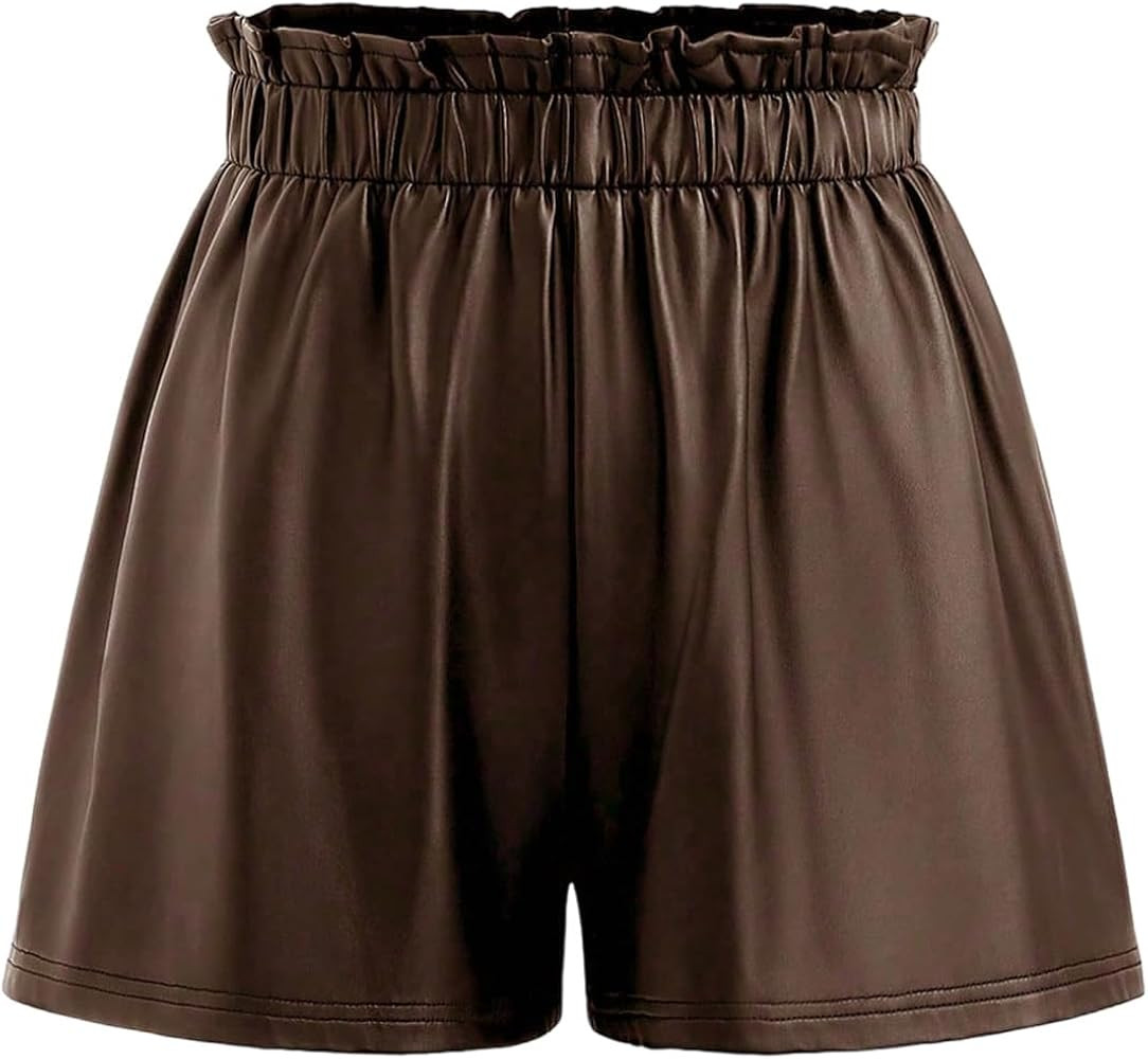 OYOANGLE Women's PU Leather Frill Trim Elastic Waist Shorts Vintage Loose Straight Leg Shorts | Amazon (US)