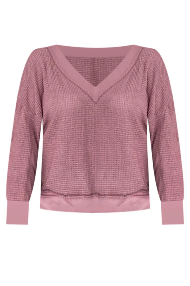 Outstanding Memory Berry V-Neck Waffle Knit Pullover | Pink Lily