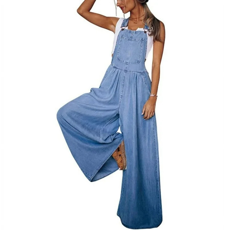 utcoco Adjustable Strap Women's Wide Leg Bib Jean Loose Denim Overalls Overalls | Walmart (US)