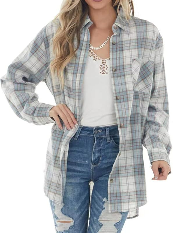 Womens Casual Plaid Soft Button Down Tops Roll Up Long Sleeve Cuffed Blouse Shirts | Amazon (US)