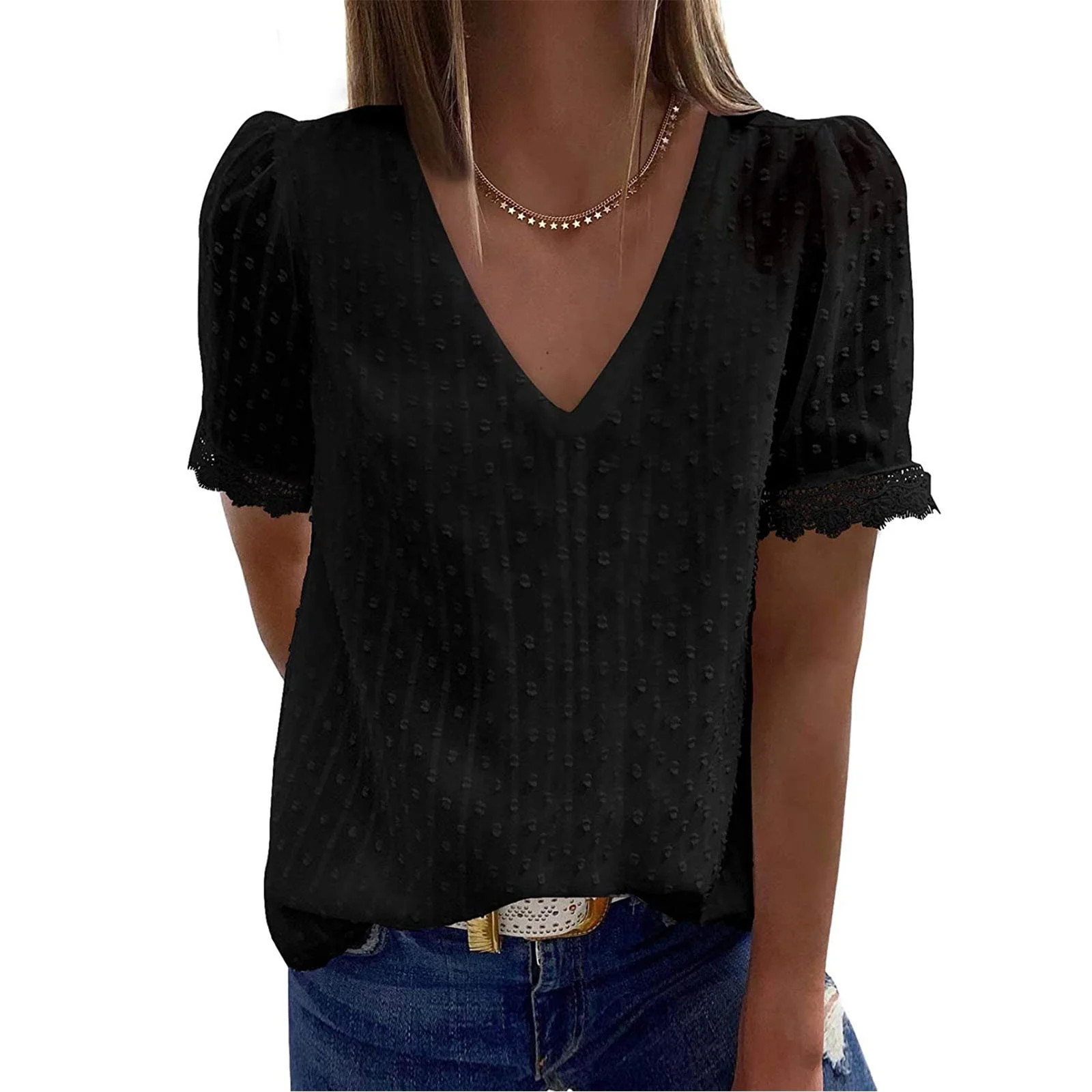 TZNBGO Elegant Women Casual Plain Short Sleeve V Neck Lace T-Shirt Blouse Tops Jacquard T-Shirt T... | Walmart (US)