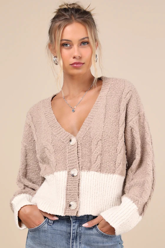 Convincingly Cozy Beige and Ivory Cable Knit Boucle Cardigan | Lulus