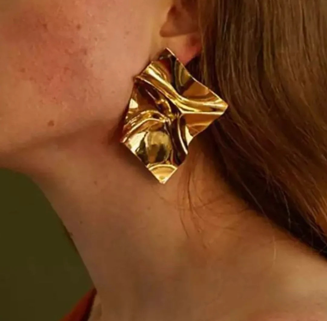 Gold irregular shaped earrings|  Crumpled geometric earrings |  Oversize statement earrings | Kor... | Etsy (US)