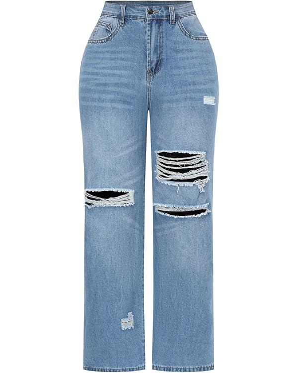 THUNDER STAR Womens High Waisted Wide Leg Jeans Stretchy Distressed Denim Pants | Amazon (US)