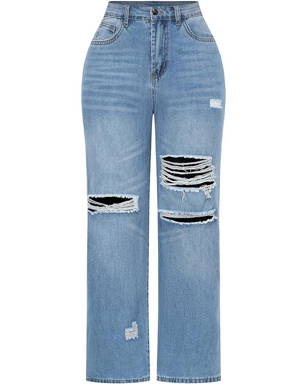 THUNDER STAR Womens High Waisted Wide Leg Jeans Stretchy Distressed Denim Pants | Amazon (US)