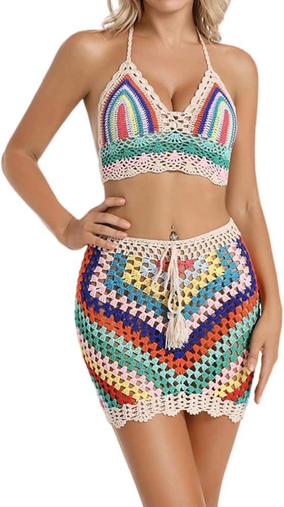 Womens Crochet Colorful Rainbow Stripes Bikini Bathing Suit 2 Piece Cover Ups Skirt Sexy Coverup | Amazon (US)