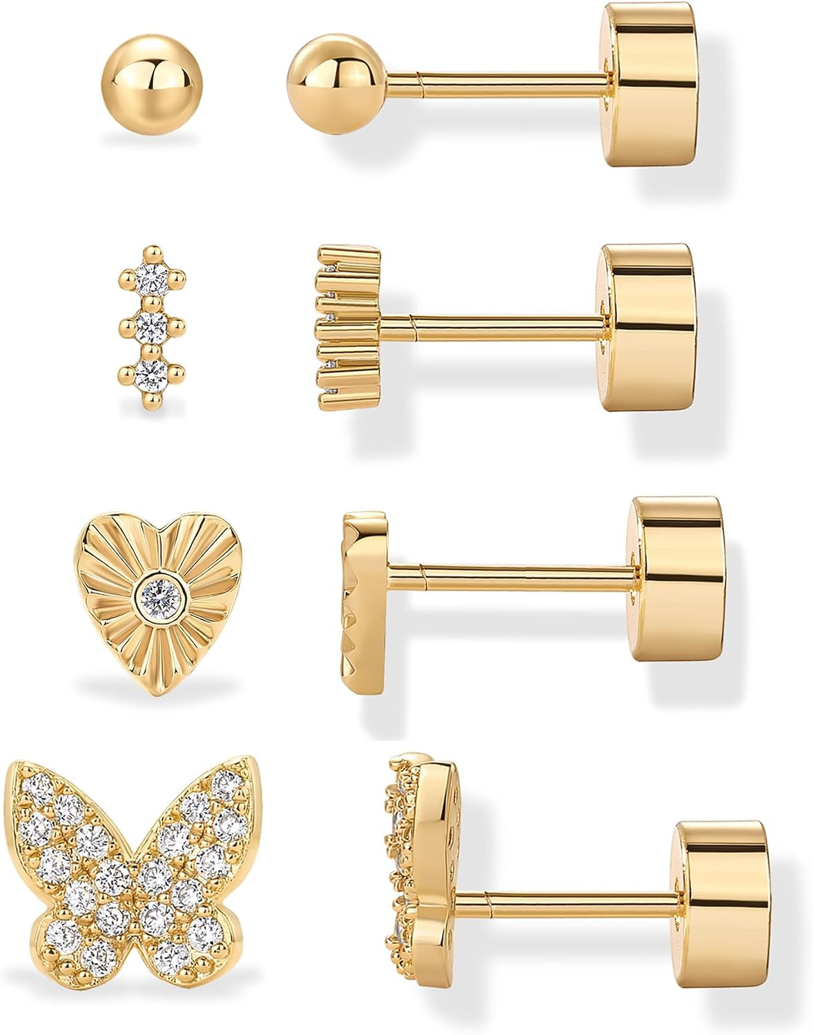 PAVOI 14K Gold Plated Dainty Flat Back Earrings for Women, Piercing Studs | Amazon (US)