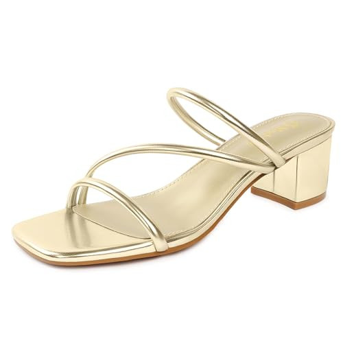 O.Madyles Strappy Heels For Women, Gold Square Toe Low Chunky Block heeled Sandals Slip On Slides Mules for Dressy Casual Summer Size 7.5 | Amazon (US)