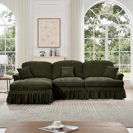 Modular L Shaped Sectional Couch with Ottoman, Chaise Lounge Sofa with Removable Ruffles Pleats Skirts, 3-Seat Deep Seat Sofa for Living Room, Green | Walmart (US)