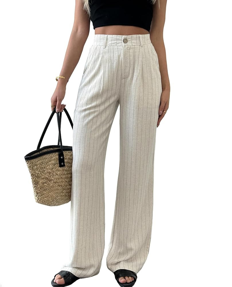 heipeiwa Women's Linen Casual High Waist Wide Leg Straight Dress Cotton Linen Pants Button Trouse... | Amazon (US)