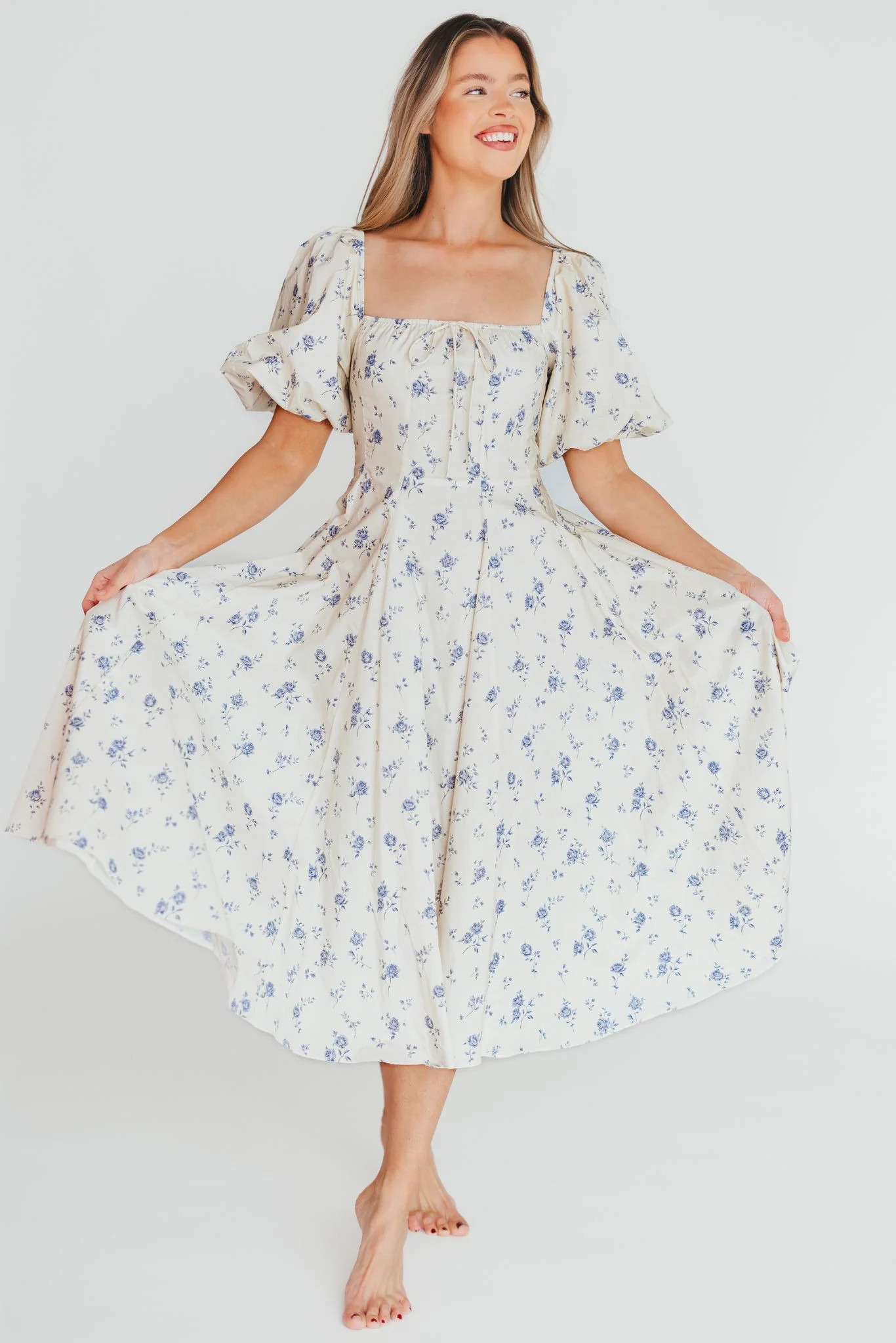Olivia 100% Cotton Floral Printed Midi Dress in Ivory | Worth Collective