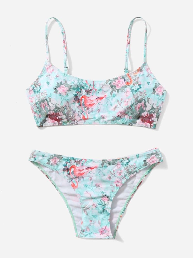 Floral & Flamingo Print Bikini Swimsuit | SHEIN