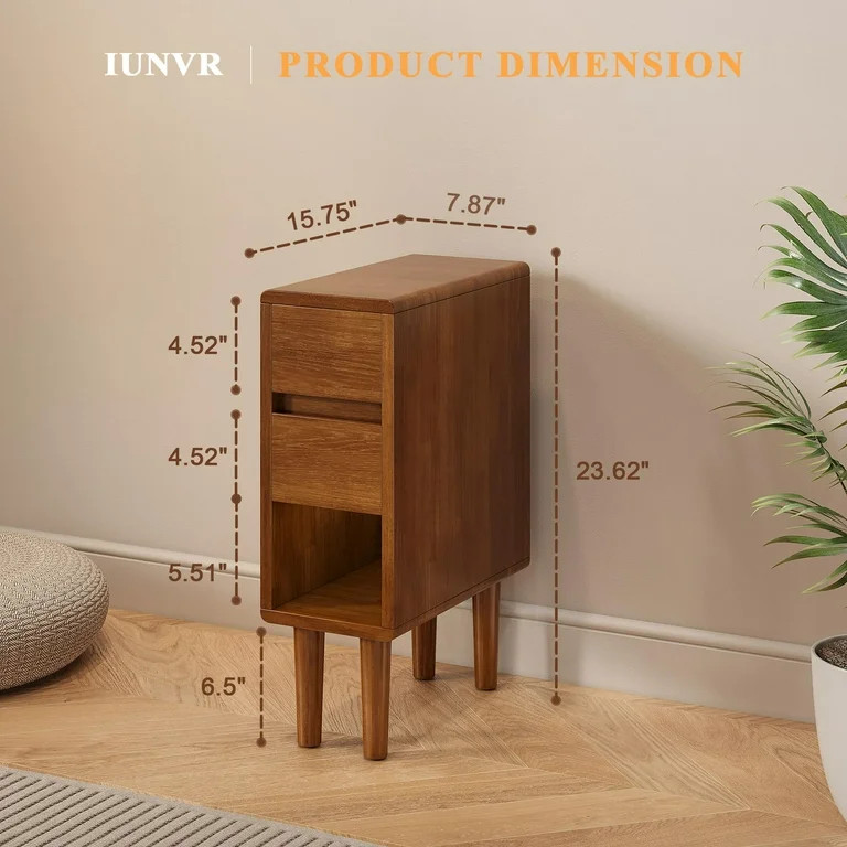 Narrow Nightstand 2 Drawers with Open Shelf Narrow Night Stand Solid Wood Bedside Table Mid Centu... | Walmart (US)