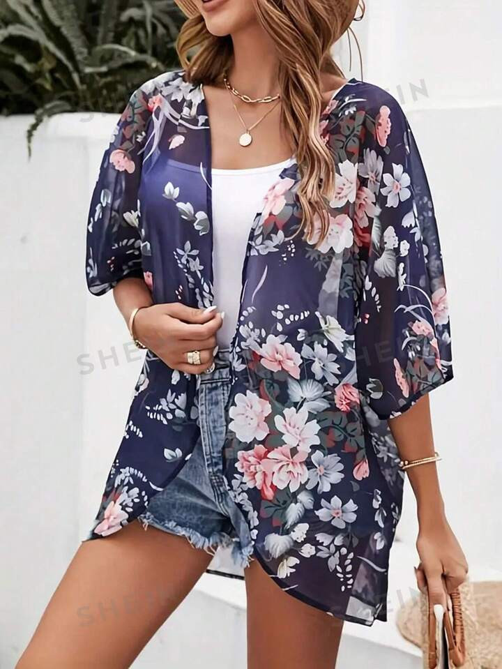 Spring/Summer Floral Print Kimono Cardigan For Sun Protection | SHEIN