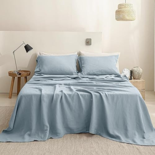 Simple&Opulence 100% Linen Sheet Set 4pcs Basic Style, Deep Pocket, Natural French Washed Flax Solid Color Soft Breathable Bed Sheets - Dusty Blue, Full | Amazon (US)