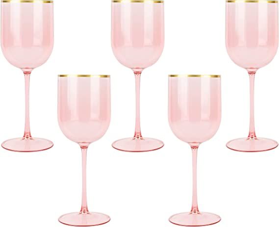 Pink Wine Cup with Gold rim Plastic Wine Glasses Set of 5 Elegant Wine Goblets Hard Plastic Wine ... | Amazon (US)