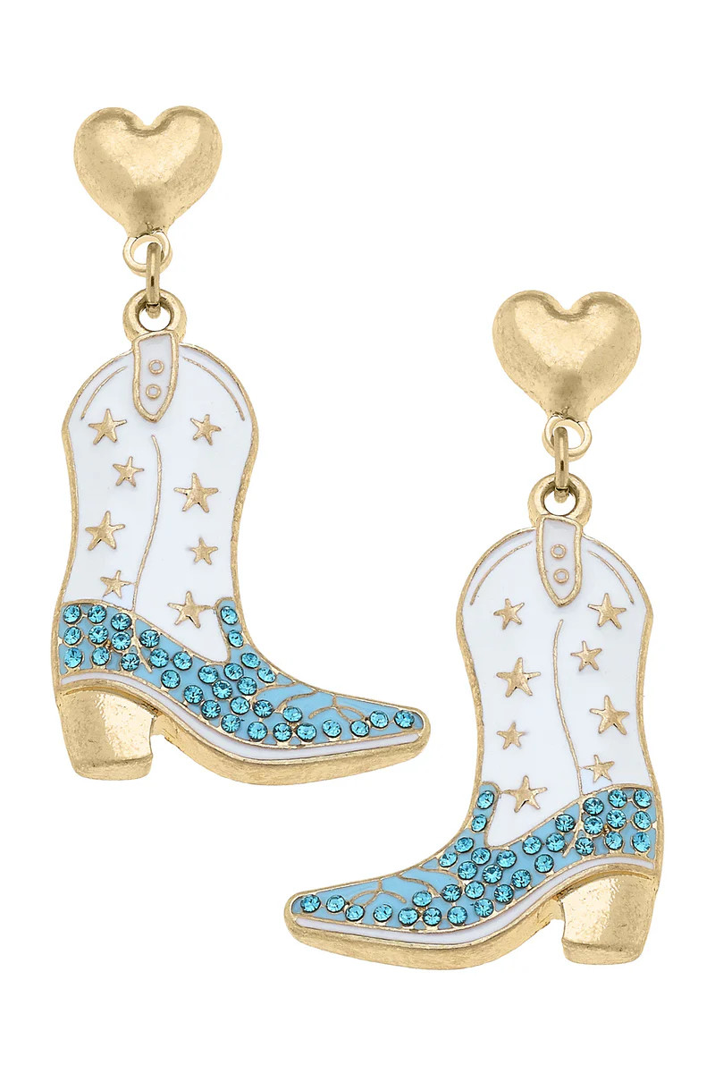Rhinestone Wedding Boot Earrings in White & Blue | CANVAS