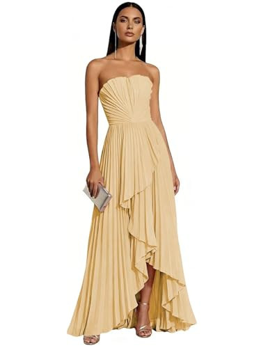 YouHaozhai Strapless Gold Bridesmaid Dresses for Women 2026 Pleated Chiffon Hi-Lo Formal Wedding Guest Dress US2 | Amazon (US)