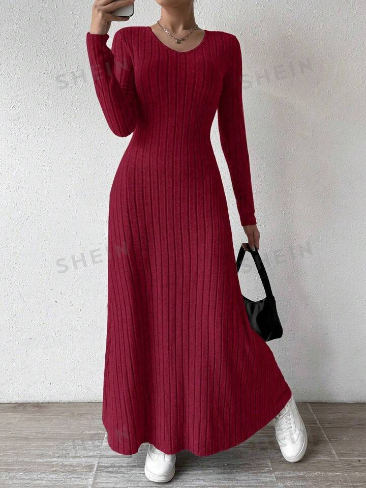 SHEIN Essnce Solid Color Ribbed Knit V-Neck Long-Sleeved A-Hem Dress | SHEIN