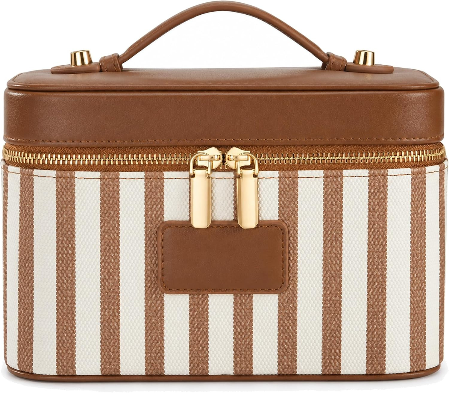 Makeup Bag Travel Toiletry Leather Cosmetic Case, Waterproof Makeup Organizer with Brush Holder, Wipe Clean Removable Divider Vanity Train Bag for Women, Caramel Brown | Amazon (US)